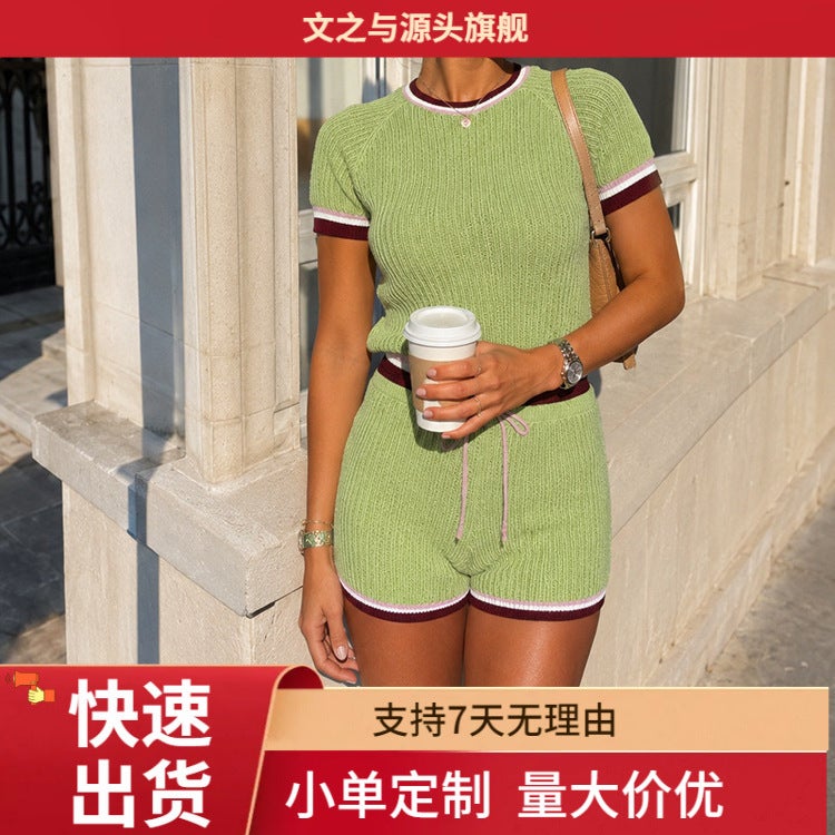 Women's Casual Color-Block Ribbed Knit Short Sleeve T-Shirt and High-Waist Drawstring Shorts Set - Image 2