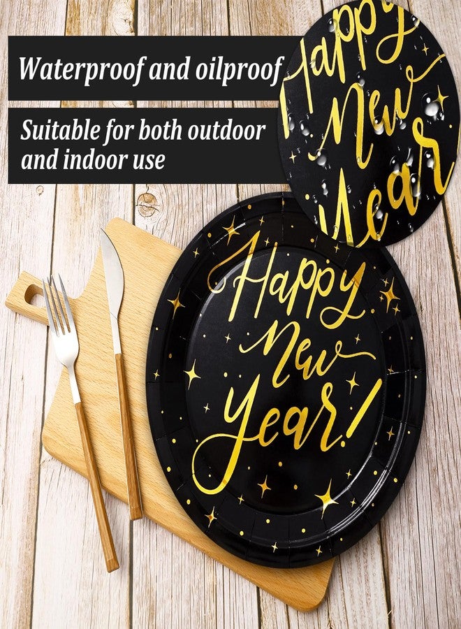 Whaline Happy New Year Party Supplies Tableware Set 50Pcs Black Gold Disposable Dinnerware Set New Year Disposable Plates Napkins for New Year's Eve Party Celebration Supplies Decorations - Image 3