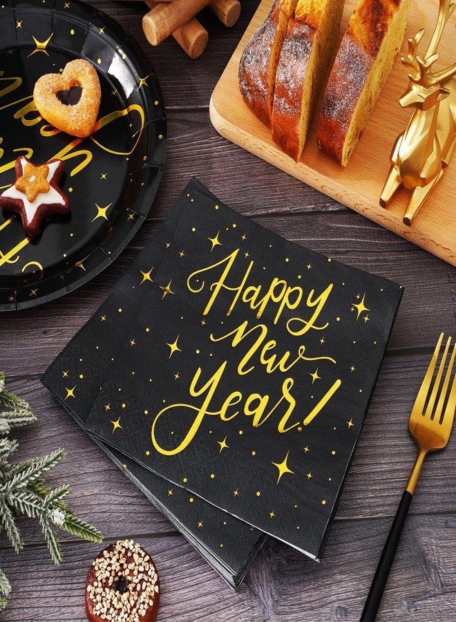 Whaline Happy New Year Party Supplies Tableware Set 50Pcs Black Gold Disposable Dinnerware Set New Year Disposable Plates Napkins for New Year's Eve Party Celebration Supplies Decorations - Image 4