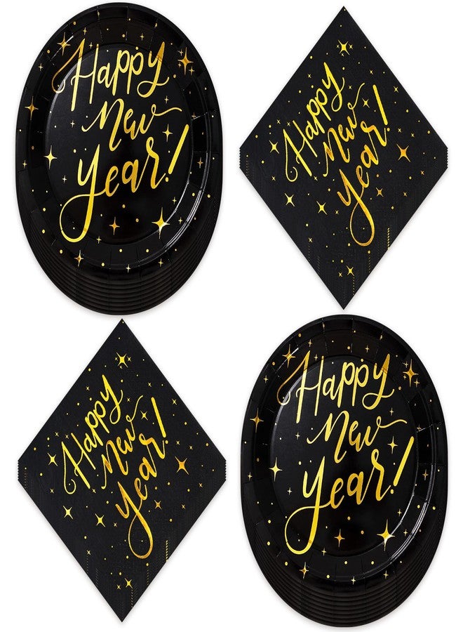 Whaline Happy New Year Party Supplies Tableware Set 50Pcs Black Gold Disposable Dinnerware Set New Year Disposable Plates Napkins for New Year's Eve Party Celebration Supplies Decorations - Image 1