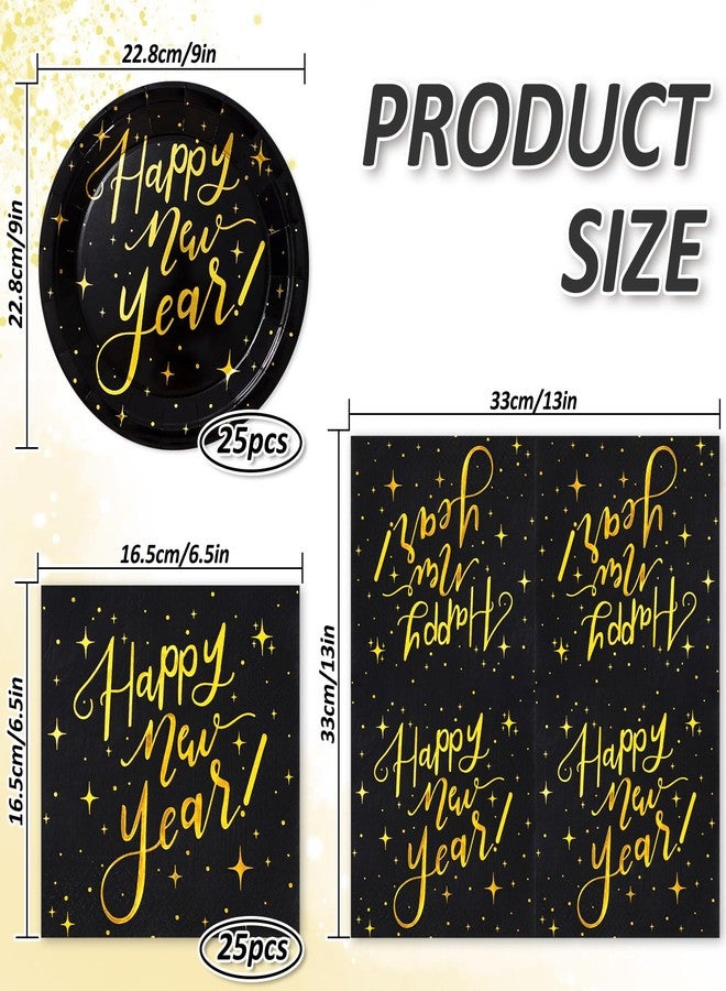 Whaline Happy New Year Party Supplies Tableware Set 50Pcs Black Gold Disposable Dinnerware Set New Year Disposable Plates Napkins for New Year's Eve Party Celebration Supplies Decorations - Image 2