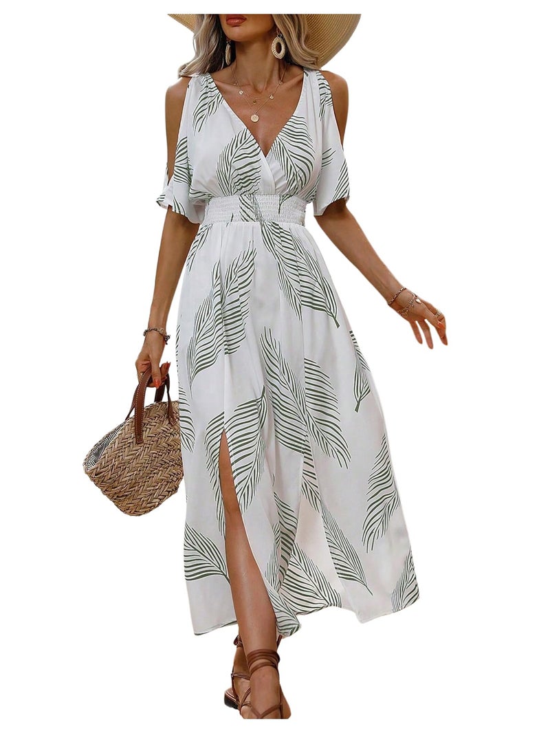 Verdusa Women's Summer Vacation Beach Dress Hawaiian Maxi Dresses Tropical Cold Shoulder Sundress Cruise Outfits 2026 White and Green Small - Image 1