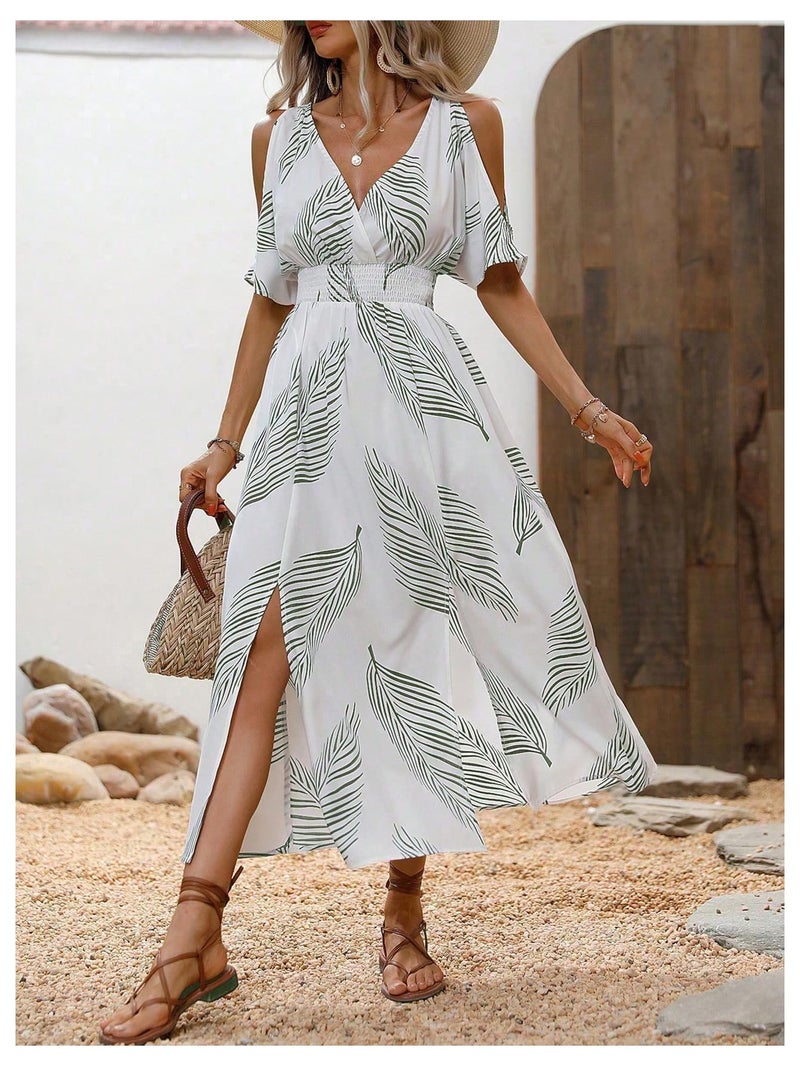 Verdusa Women's Summer Vacation Beach Dress Hawaiian Maxi Dresses Tropical Cold Shoulder Sundress Cruise Outfits 2026 White and Green Small - Image 5