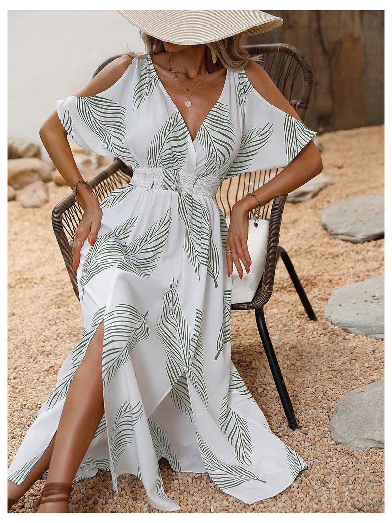 Verdusa Women's Summer Vacation Beach Dress Hawaiian Maxi Dresses Tropical Cold Shoulder Sundress Cruise Outfits 2026 White and Green Small - Image 3