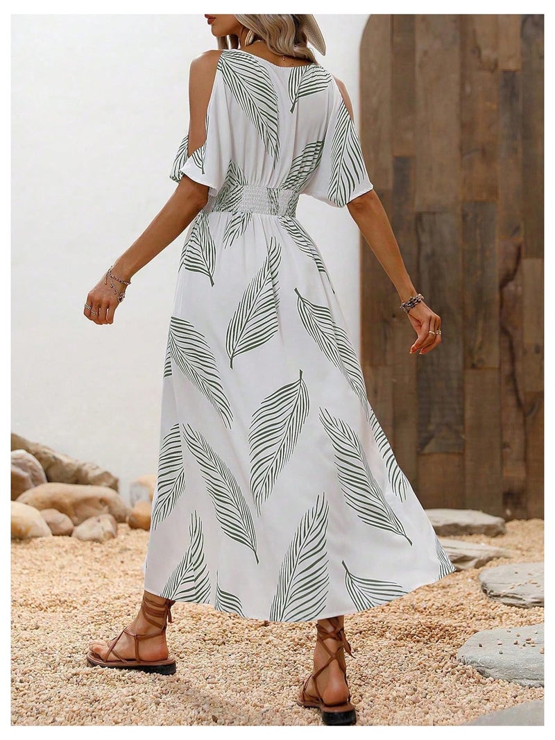 Verdusa Women's Summer Vacation Beach Dress Hawaiian Maxi Dresses Tropical Cold Shoulder Sundress Cruise Outfits 2026 White and Green Small - Image 2