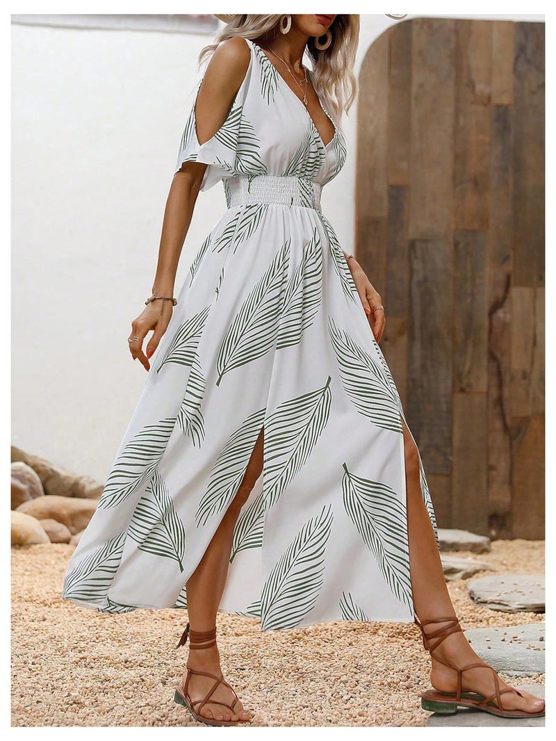 Verdusa Women's Summer Vacation Beach Dress Hawaiian Maxi Dresses Tropical Cold Shoulder Sundress Cruise Outfits 2026 White and Green Small - Image 4