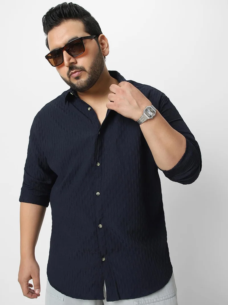 أوربانو فاشن Urbano Plus Men's Navy Cotton Full Sleeve Regular Fit Textured Shirt with Spread Collar