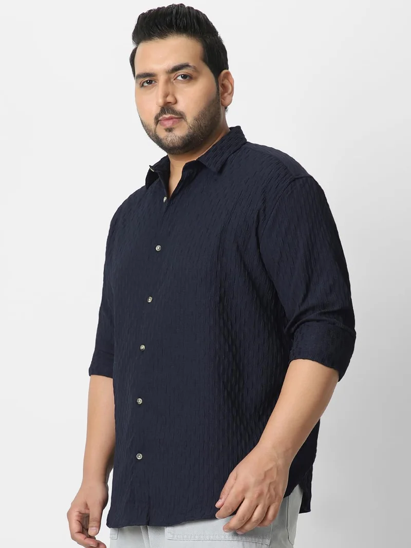 أوربانو فاشن Urbano Plus Men's Navy Cotton Full Sleeve Regular Fit Textured Shirt with Spread Collar