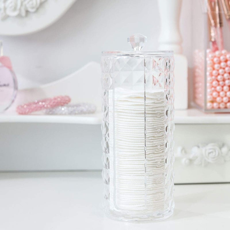 Luxspire Acrylic Makeup Cotton Round Holder, Clear Diamond Pattern Cotton Pads Organizer Container Display Stand Cosmetic Makeup Storage Box with Lid - Clear - Image 3