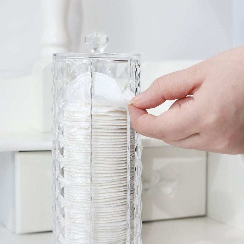 Luxspire Acrylic Makeup Cotton Round Holder, Clear Diamond Pattern Cotton Pads Organizer Container Display Stand Cosmetic Makeup Storage Box with Lid - Clear - Image 2