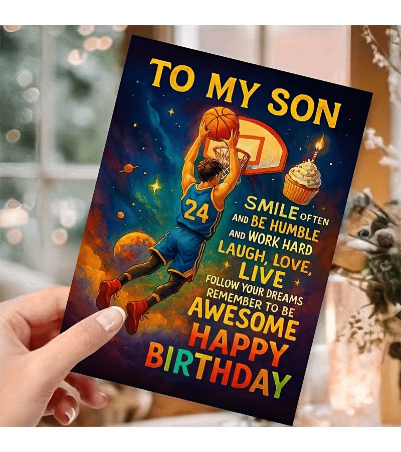Yellow Light Beige Basketball Birthday Card for Son Inspiring Blessing - Image 2