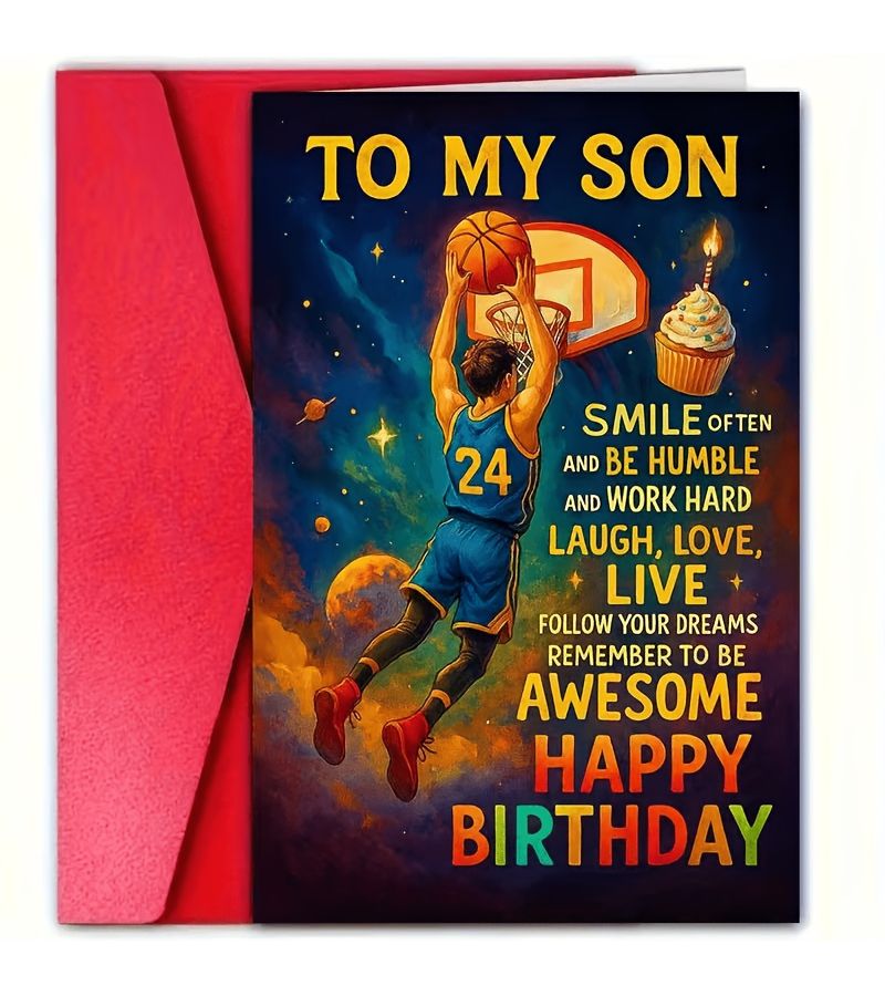 Yellow Light Beige Basketball Birthday Card for Son Inspiring Blessing - Image 4