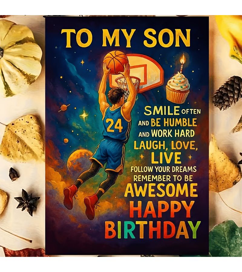 Yellow Light Beige Basketball Birthday Card for Son Inspiring Blessing - Image 1