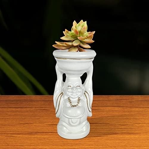 Lasaki Laughing Buddha White Gold Ceramic Pots for Indoor Plants, Planters, Flower, Gamla, Outdoor, Balcony, Home, Garden, Office Decor, Succulent(D-10 X H-23.5 Cm) (Plants Not Included) - Image 3