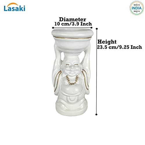 Lasaki Laughing Buddha White Gold Ceramic Pots for Indoor Plants, Planters, Flower, Gamla, Outdoor, Balcony, Home, Garden, Office Decor, Succulent(D-10 X H-23.5 Cm) (Plants Not Included) - Image 4