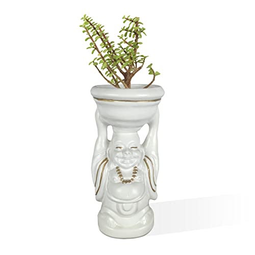 Lasaki Laughing Buddha White Gold Ceramic Pots for Indoor Plants, Planters, Flower, Gamla, Outdoor, Balcony, Home, Garden, Office Decor, Succulent(D-10 X H-23.5 Cm) (Plants Not Included) - Image 1