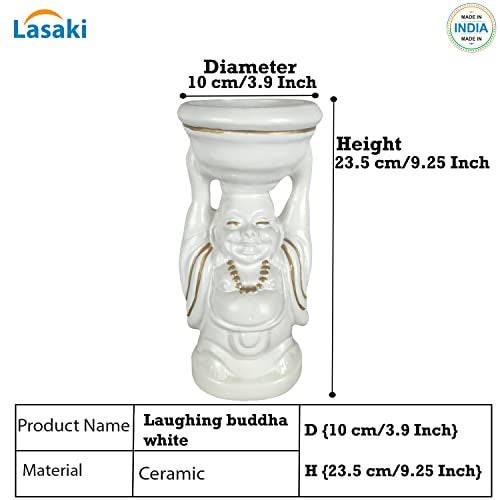 Lasaki Laughing Buddha White Gold Ceramic Pots for Indoor Plants, Planters, Flower, Gamla, Outdoor, Balcony, Home, Garden, Office Decor, Succulent(D-10 X H-23.5 Cm) (Plants Not Included) - Image 2