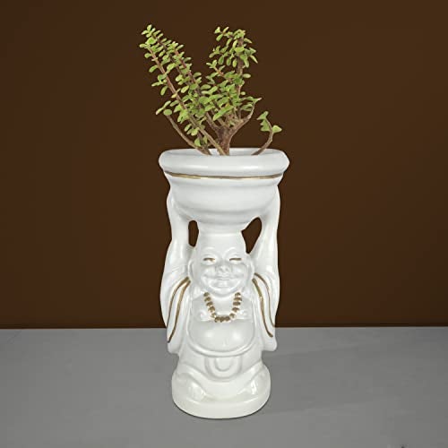 Lasaki Laughing Buddha White Gold Ceramic Pots for Indoor Plants, Planters, Flower, Gamla, Outdoor, Balcony, Home, Garden, Office Decor, Succulent(D-10 X H-23.5 Cm) (Plants Not Included) - Image 5