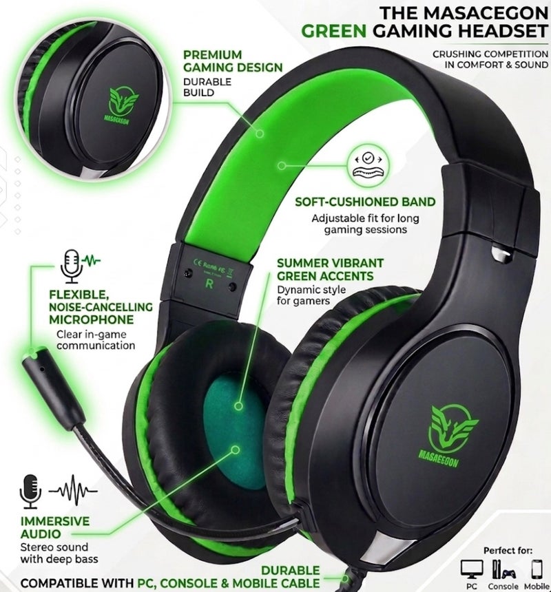 MASACEGON H-10 Wired Gaming Headset for PS5, PS4, Xbox One, Nintendo Switch & PC – Immersive Stereo Bass Sound Gaming Headphone with Noise Reducing Mic, Soft Over-Ear Comfort Fit - Image 2