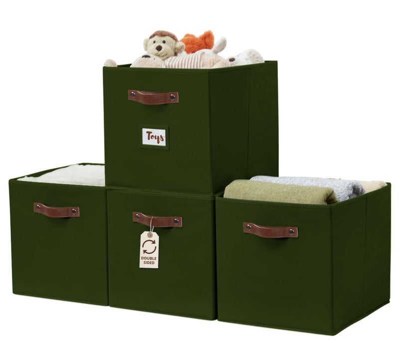 DECOMOMO Storage Baskets, 13x15x13 Storage Cube Bins with Labels for Organizing Shelves Kallax (Kallax / 4pcs, Olive Green) - Image 1