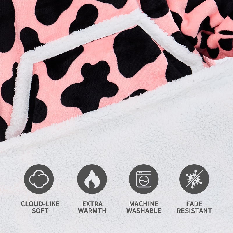 IFNOW Wearable Blanket Hoodie, Oversized Sherpa Fleece Hooded Blanket Sweatshirt with Eye Mask and Pocket, Comfy Long Flannel Blanket for Adults Men,Gifts for Women Mom Girlfriend, PinkCow - Image 5