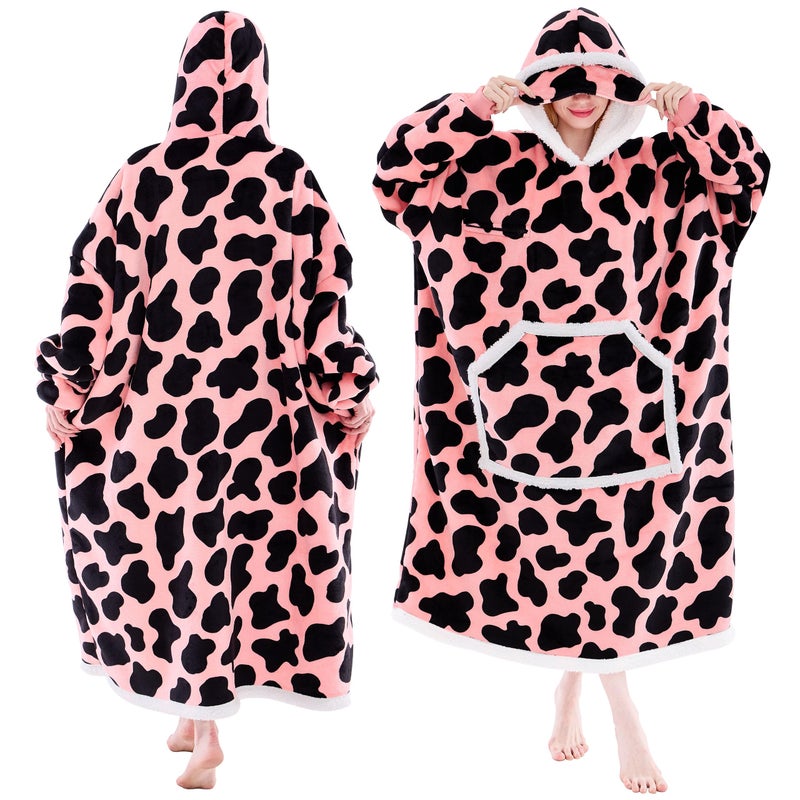 IFNOW Wearable Blanket Hoodie, Oversized Sherpa Fleece Hooded Blanket Sweatshirt with Eye Mask and Pocket, Comfy Long Flannel Blanket for Adults Men,Gifts for Women Mom Girlfriend, PinkCow - Image 1