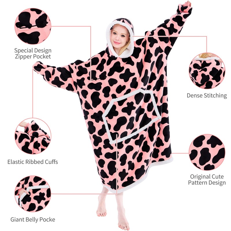 IFNOW Wearable Blanket Hoodie, Oversized Sherpa Fleece Hooded Blanket Sweatshirt with Eye Mask and Pocket, Comfy Long Flannel Blanket for Adults Men,Gifts for Women Mom Girlfriend, PinkCow - Image 3