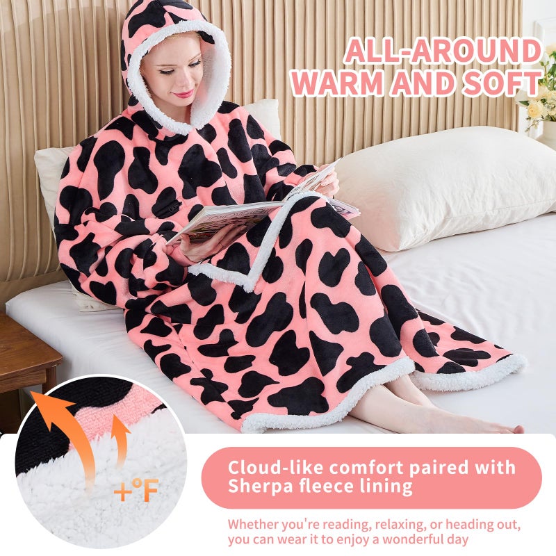 IFNOW Wearable Blanket Hoodie, Oversized Sherpa Fleece Hooded Blanket Sweatshirt with Eye Mask and Pocket, Comfy Long Flannel Blanket for Adults Men,Gifts for Women Mom Girlfriend, PinkCow - Image 4