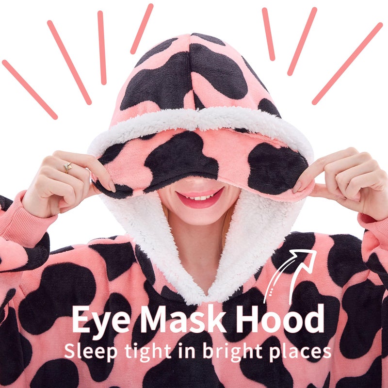 IFNOW Wearable Blanket Hoodie, Oversized Sherpa Fleece Hooded Blanket Sweatshirt with Eye Mask and Pocket, Comfy Long Flannel Blanket for Adults Men,Gifts for Women Mom Girlfriend, PinkCow - Image 2