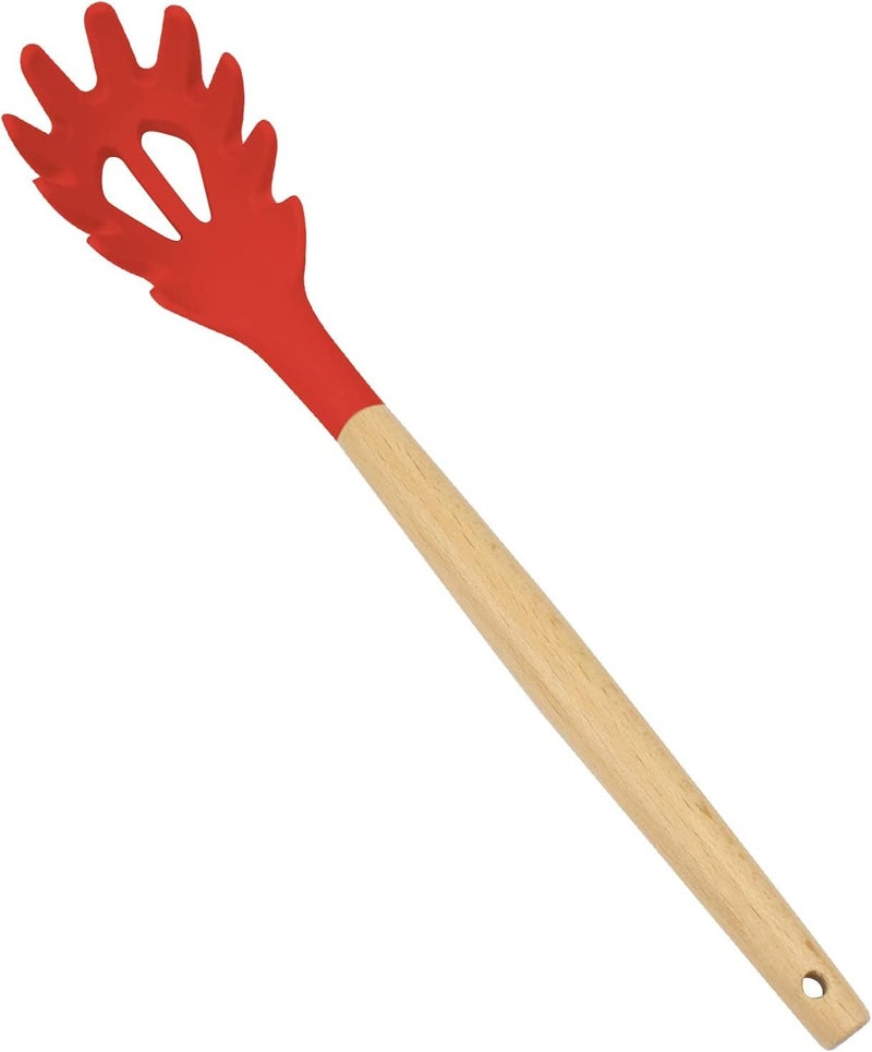 Oicia Silicone Spaghetti Server with Wooden Handle, Silicone Pasta Tongs, Heat Resistant Pasta Server, Serving Utensil for Meggie and Noodles, Spaghetti Serving Spoon, Noodles Fork (Pack of 1, Red) - Image 1