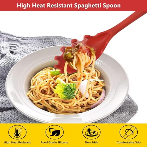 Oicia Silicone Spaghetti Server with Wooden Handle, Silicone Pasta Tongs, Heat Resistant Pasta Server, Serving Utensil for Meggie and Noodles, Spaghetti Serving Spoon, Noodles Fork (Pack of 1, Red) - Image 3