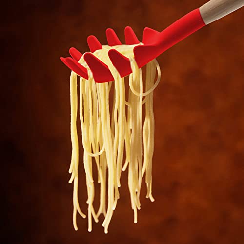 Oicia Silicone Spaghetti Server with Wooden Handle, Silicone Pasta Tongs, Heat Resistant Pasta Server, Serving Utensil for Meggie and Noodles, Spaghetti Serving Spoon, Noodles Fork (Pack of 1, Red) - Image 5