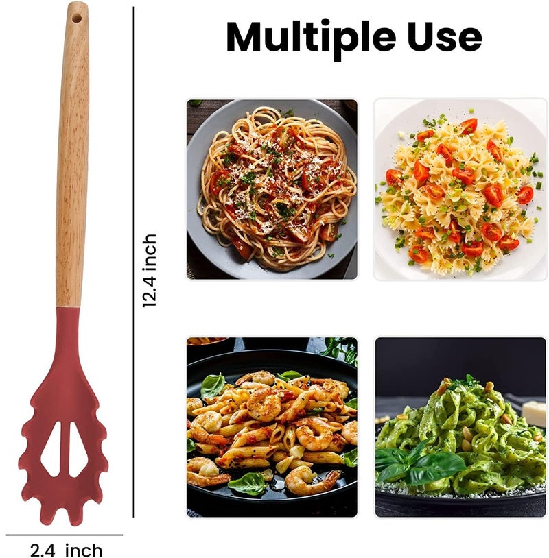 Oicia Silicone Spaghetti Server with Wooden Handle, Silicone Pasta Tongs, Heat Resistant Pasta Server, Serving Utensil for Meggie and Noodles, Spaghetti Serving Spoon, Noodles Fork (Pack of 1, Red) - Image 2