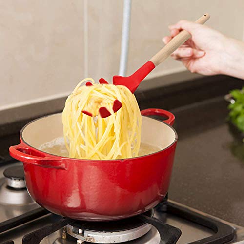 Oicia Silicone Spaghetti Server with Wooden Handle, Silicone Pasta Tongs, Heat Resistant Pasta Server, Serving Utensil for Meggie and Noodles, Spaghetti Serving Spoon, Noodles Fork (Pack of 1, Red) - Image 4