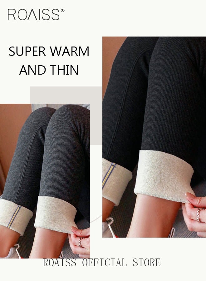 roaiss 2-Piece Women Winter Warm Thick Trousers Fleece Lined Thermal Stretchy Leggings Winter High Waist Thick Warm Cashmere Lamb Fleece Pants Fluffy Slim Tights Stylish Women Yoga Leggings  - Image 5