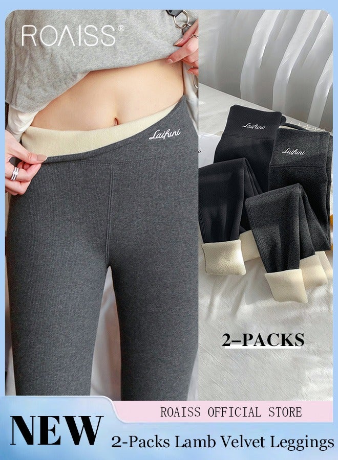 roaiss 2-Piece Women Winter Warm Thick Trousers Fleece Lined Thermal Stretchy Leggings Winter High Waist Thick Warm Cashmere Lamb Fleece Pants Fluffy Slim Tights Stylish Women Yoga Leggings  - Image 1