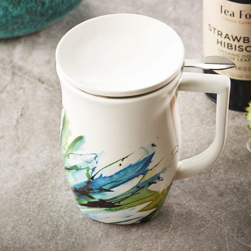 Tea Forte Ceramic Fiore Cup with Handle, Removeable Stainless Steel Infuser Basket and Lid, Steeps 14 oz Loose Leaf Tea, Dishwasher & Microwave Safe, Blue Agave - Image 3