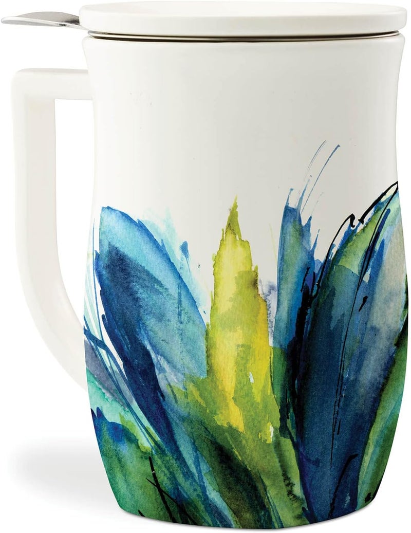 Tea Forte Ceramic Fiore Cup with Handle, Removeable Stainless Steel Infuser Basket and Lid, Steeps 14 oz Loose Leaf Tea, Dishwasher & Microwave Safe, Blue Agave - Image 1