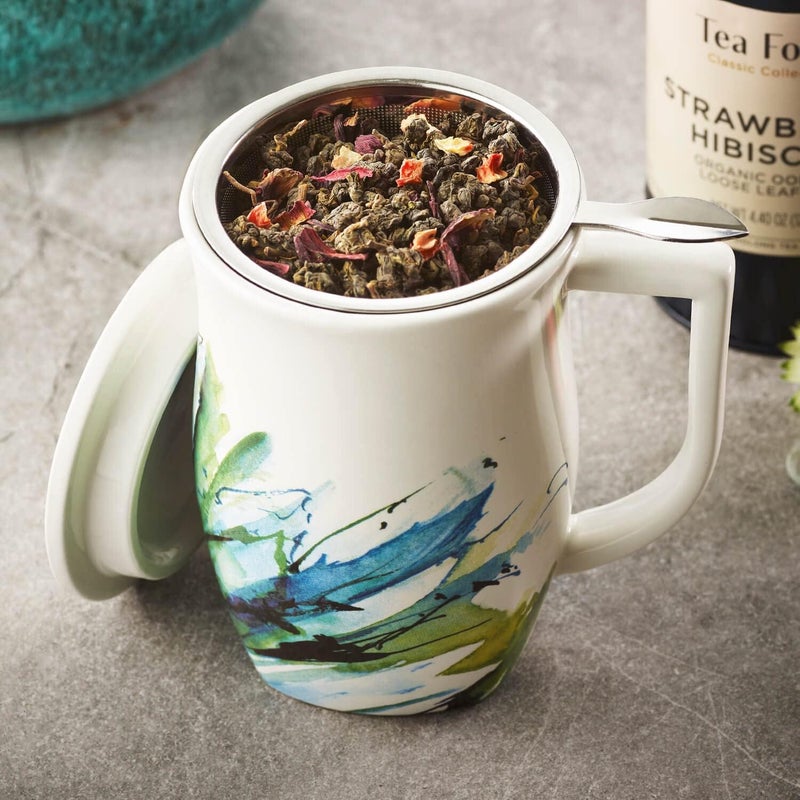 Tea Forte Ceramic Fiore Cup with Handle, Removeable Stainless Steel Infuser Basket and Lid, Steeps 14 oz Loose Leaf Tea, Dishwasher & Microwave Safe, Blue Agave - Image 2