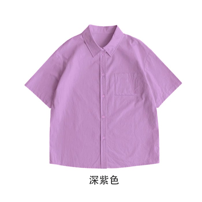 Pure Cotton Single Bag Short Sleeve Men'S And Women'S Solid Color Shirt Top Light Plate Literary Style Loose Cardigan Jacket - Image 1
