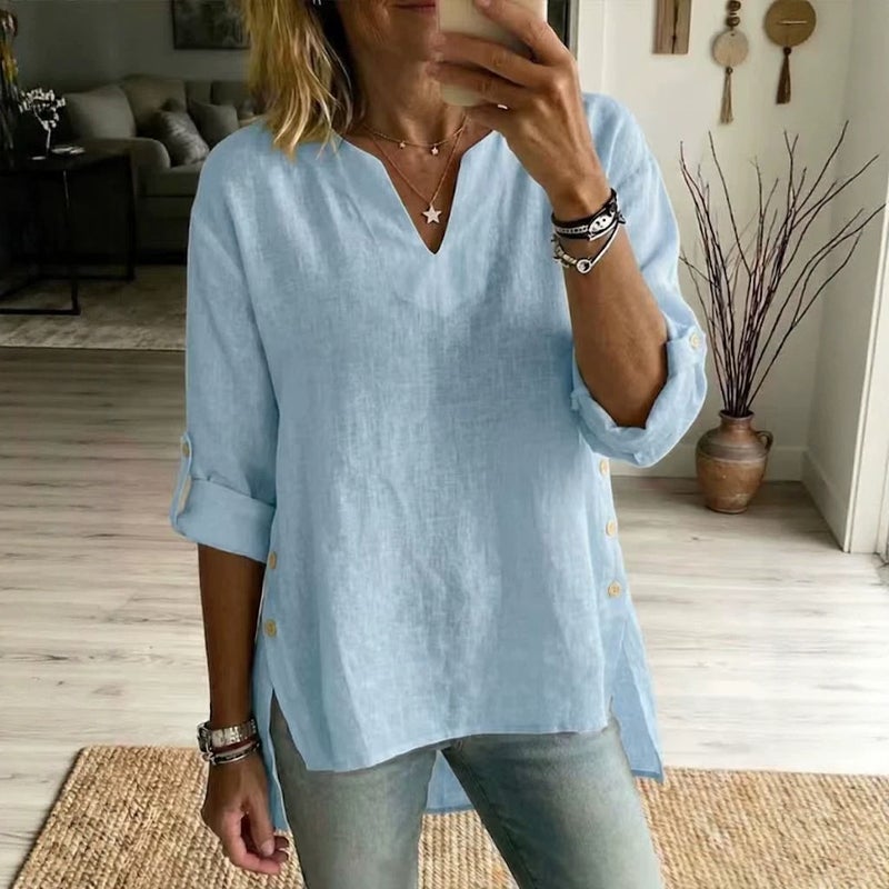Women's V-Neck Three-Quarter Sleeve Ramie T-Shirt - Image 2