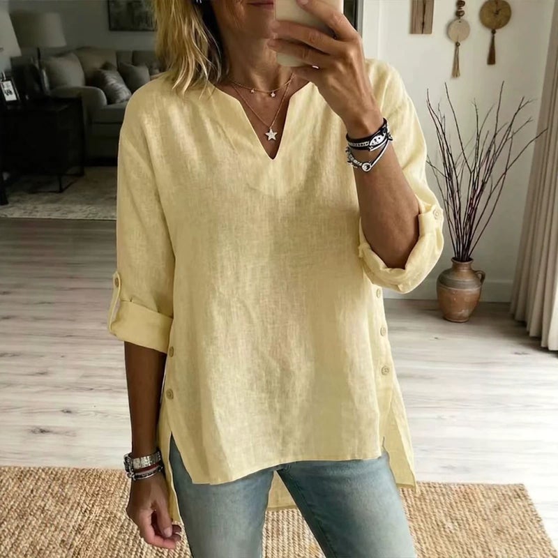 Women's V-Neck Three-Quarter Sleeve Ramie T-Shirt - Image 3