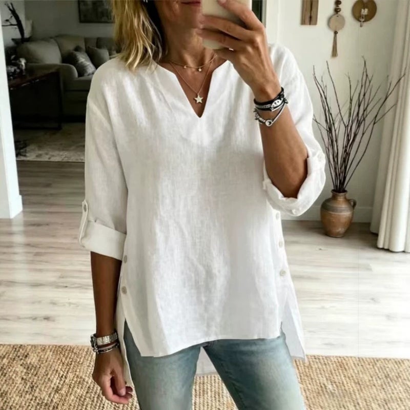 Women's V-Neck Three-Quarter Sleeve Ramie T-Shirt - Image 4