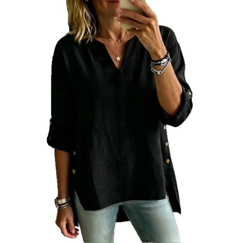 Women's V-Neck Three-Quarter Sleeve Ramie T-Shirt - Image 5