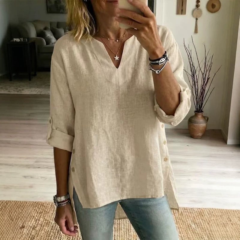Women's V-Neck Three-Quarter Sleeve Ramie T-Shirt - Image 1
