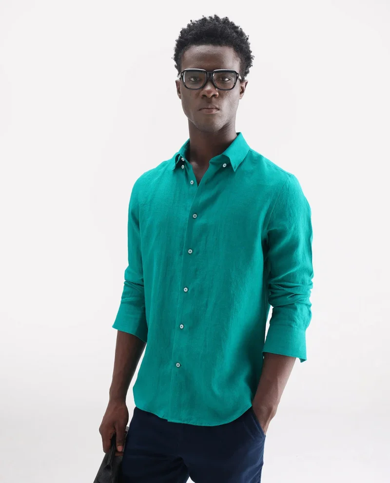 Rare Rabbit Men's Classic 100% Linen Plain Shirt