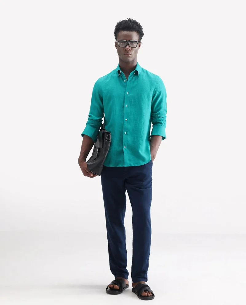 Rare Rabbit Men's Classic 100% Linen Plain Shirt