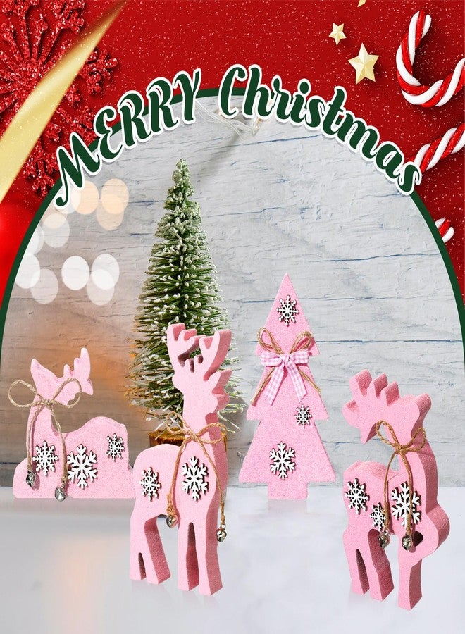 Barydat 4 Pcs Christmas Reindeer Tabletop Decorations 3 Reindeer 1 Christmas Tree Wooden Centerpiece Indoor Rustic Standing Tabletop for Home Xmas Decor(Pink) - Image 5