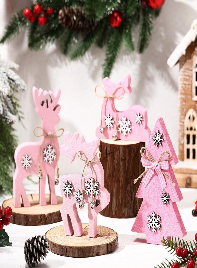 Barydat 4 Pcs Christmas Reindeer Tabletop Decorations 3 Reindeer 1 Christmas Tree Wooden Centerpiece Indoor Rustic Standing Tabletop for Home Xmas Decor(Pink) - Image 1