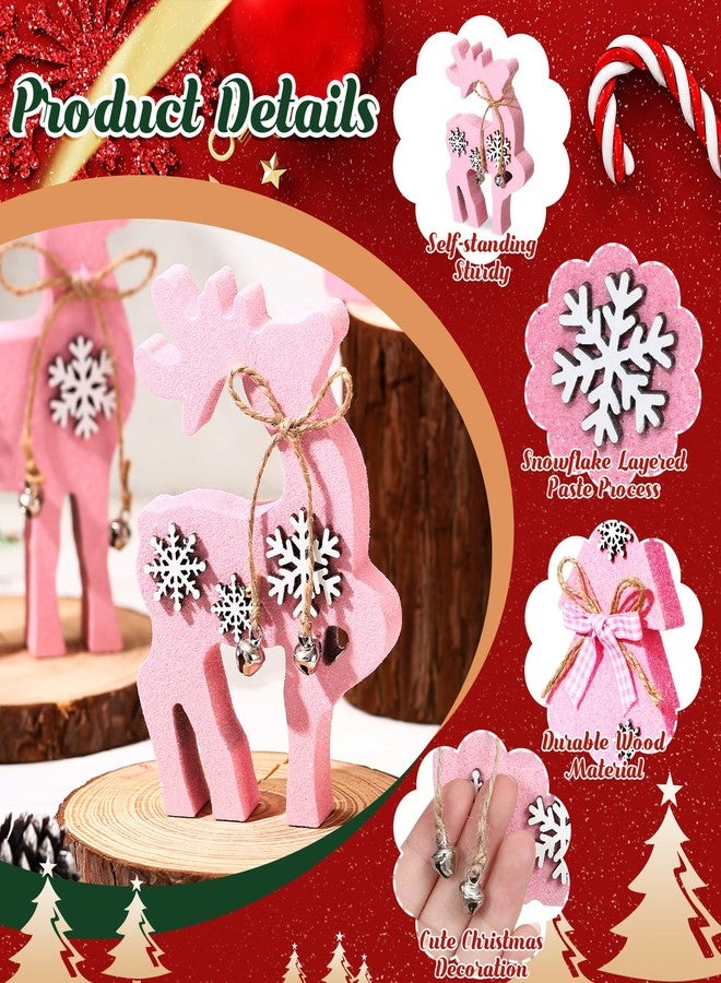 Barydat 4 Pcs Christmas Reindeer Tabletop Decorations 3 Reindeer 1 Christmas Tree Wooden Centerpiece Indoor Rustic Standing Tabletop for Home Xmas Decor(Pink) - Image 3
